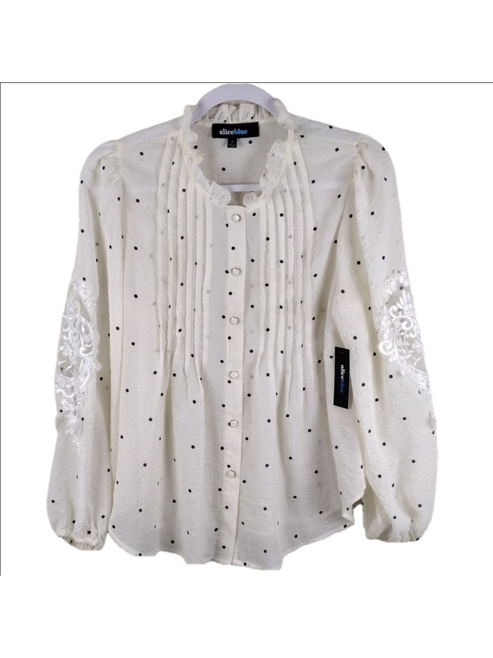 Alice Blue White Polka Dot Ruffle Collar Long Sleeve Button Up Sheer Blouse Top